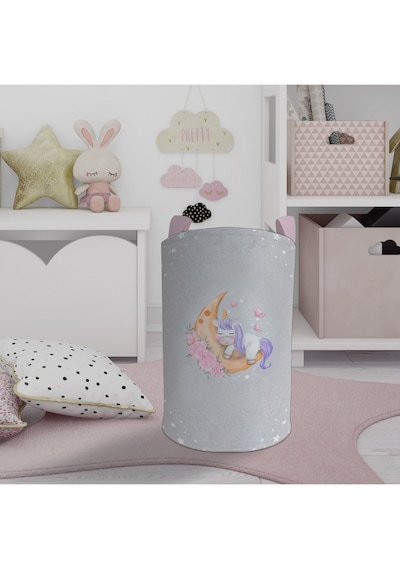 Mekta Home Bebek Ve Çocuk Odası Aya Sarılan Unicorn Desenli Gri Oyuncak Sepeti Renkli Çok Renkli