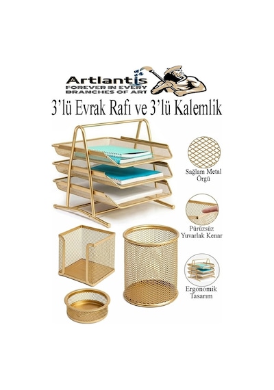 Altın Sarı Metal Evrak Rafı 3 Lü Ve Masaüstü Kalemlik 3 Lü 1 Paket Masaüstü A4 Dosya 3 Katlı Düzenleyici Kağıt Tepsisi Altın