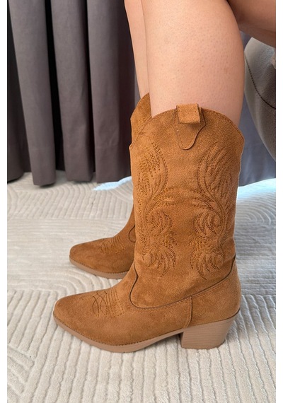 Preshley Kadın Clind Taba Süet Nakişlii Western Kovboy Bot & Çizme TABA SÜET