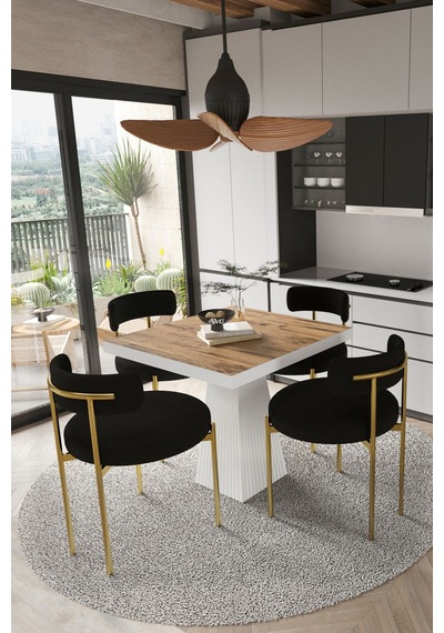 Avvio Arona Beyaz Lake Mdf Ayak 90x90 Yemek Masası Mutfak Masası 4 Kişilik Masa Takımı Teddy Sandalye Akça Avvio9883