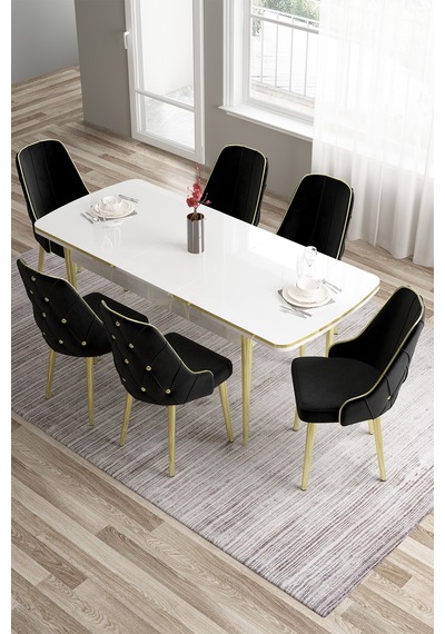 Canisa Tia Serisi 80x132 Açılabilir Mdf Beyaz Yemek Odası Takımı 6 Siyah Sandalye Gold Detay Masa Beyaz Sandalye Siyah Canisa Tia Serisi 80x132 Açılabilir Mdf Beyaz Yemek Odası Takımı 6 Siyah Sandalye Gold Detay Masa Beyaz Sandalye Siyah