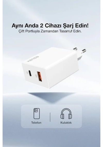 50w Pd Çift Çıkışlı Hızlı Şarj Başlığı Usb-c + Usb-a, Akıllı Güvenlik Çipli 1 Adet