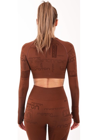 Maraton Active Slimfit Kadın Bisiklet Yaka Uzun Kol Koşu Sepya Crop Top 816025 Kahverengi