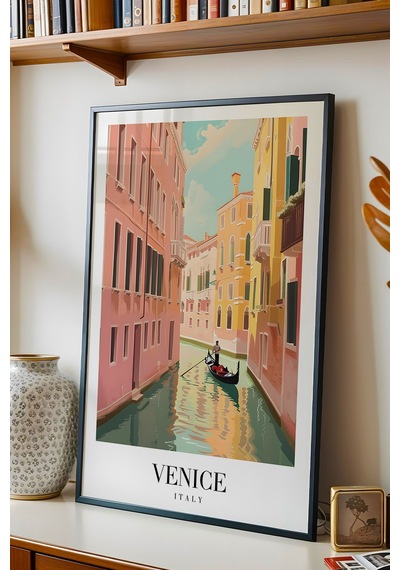Venice Italy Vintage Seyahat Posteri Çerçeveli Tablo - Premium Venedik Kanal Elit Duvar Dekoru Siyah