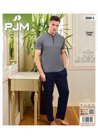 Pijamoni Erkek Düğme Yaka Kısa Kol Penye Pijama Takımı 6880/4 - 1 Adet Füme