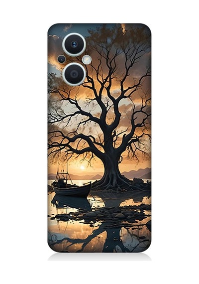 Oppo Reno 7 Lite 5g Uyumlu Göl Kenarında Yalnız Ağaç Desenli Silikon Kılıf Çok Renkli