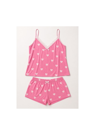 Bravie Kadın Büyük Beden İp Askılı Yakası Dantelli Beyaz Kalpli Pembe Yazlık Pijama Takımı Açık Pembe