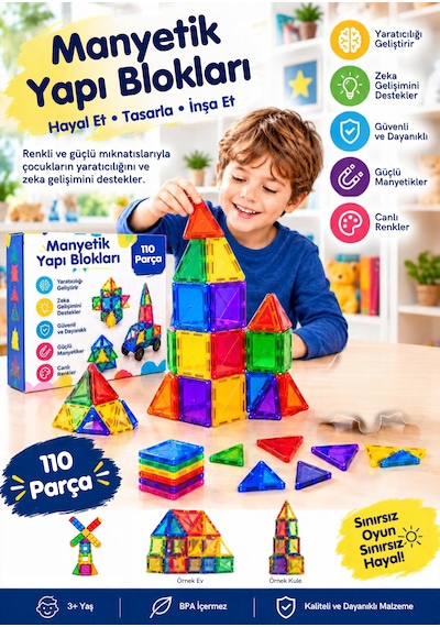 Teknozeel Manyetik Yapı Blokları 110 Parça Mıknatıslı 3 Boyutlu Eğitici Oyuncak Zeka Ve Hayal Gücü Geliştirici Oyuncak Seti