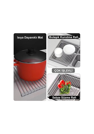 Katlanabilir Evye Üstü Bulaşık Kurutmalık Süzgeç 47x29 Cm - Paslanmaz Çelik & Isıya Dayanıklı Silikon Rulo Diğer