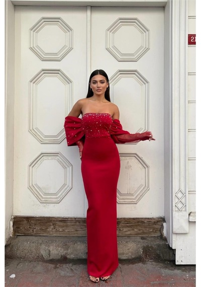 DefyModa Kadın Esnek Tül Kumaş Straplez Abiye Elbise Kırmızı