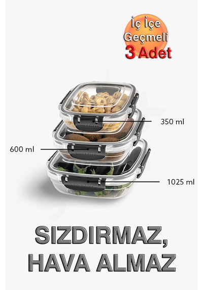 Lock&fresh Master Kare Saklama Kabı 350, 600, 1025 Ml Üçlü Set Antrasit