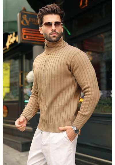 Madmext Vizon Çift Fermuarlı Slim Fit Çizgili Erkek Triko Hırka E7522