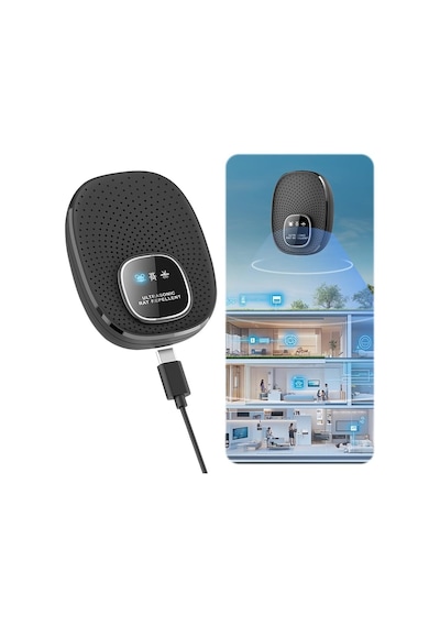 Ultrasonik Fare Böcek Kovucu, Akıllı Çip Teknolojisi, 7x24 Koruma, Evcil Hayvan Dostu, 500m² Kapsama Alanı, 3 Modlu, Usb Güç Kaynağı, Siyah