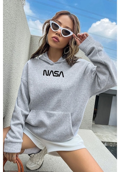 Uyguntarz Unisex Nasa Baskılı Sweatshirt Gri