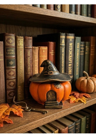 Turuncu Halloween Temalı Kapaklı Balkabağı Büyücü Şapkalı Dekoratif Obje Hediyelik Saklama Kutusu Biblo