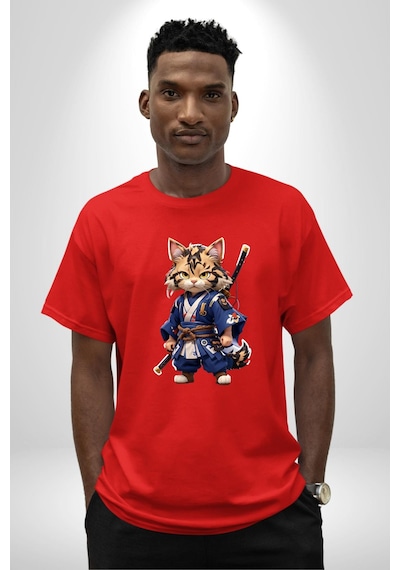 Asyalı Kedi Samuray Savaşcı Pamuklu Bisiklet Yaka Unisex Oversize Boyfriend Dijital Baskılı Kırmızı T-shirt Kırmızı