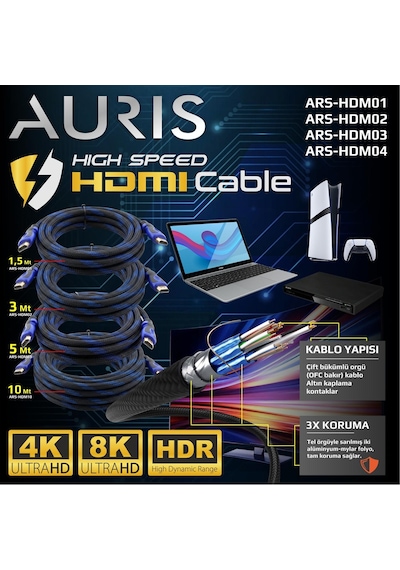 Auris Hdm10 Hdmı To Hdmı 2.1 Kablo 8k Uhd 60hz Örgü 10m