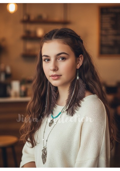 Boho Serisi Koleksyonu. Kahverengi Deri Püskül Ve Dikdötgen Sallantılı Detaylı Boho Küpe.