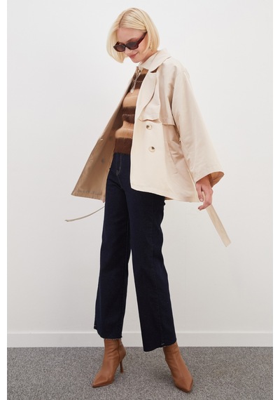 Fullamoda Pelerinli Kuşaklı Geniş Kol Oversize Trençkot Bej