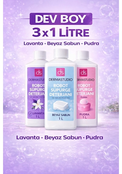Robot Supurge Deterjani Seti 3 X 1 Litre Lavanta Beyaz Sabun Pudra 3'lü Set