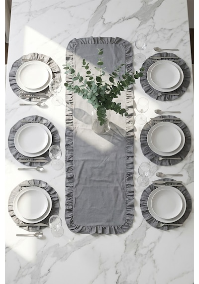 Yunusoğlu Home Fırfırlı Runner Ve Supla Takımı - Masa Örtüsü Takımı 7 Parça 150x50 Cm Füme