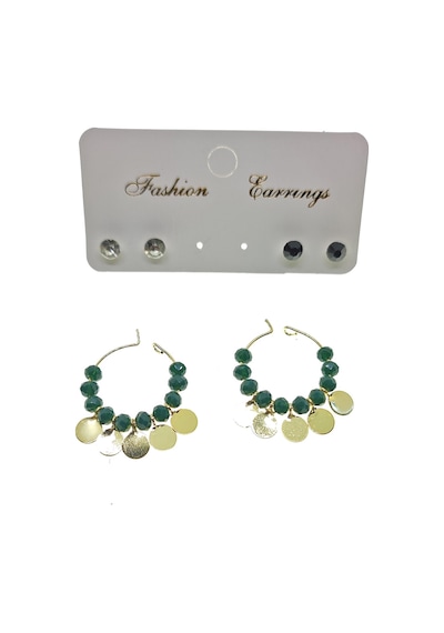 X-Lady Accessories 2224 Altın Renk Yeşil Boncuk Yuvarlak Pullu Şık Sallantılı El İşi Küpe Çok Renkli