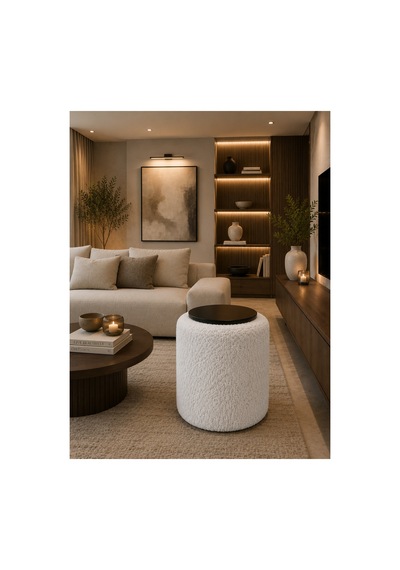 Premium Ahşap Üstlü Yuvarlak Bukle Puf Modern Beyaz - 878843025 Beyaz