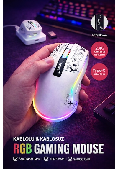 24000 Dpı Rgb Gaming Mouse Kablosuz + Bluetooth + Kablolu Lcd Ekranlı Şarj Standlı Profesyonel Oyuncu Mouse X-ks2n
