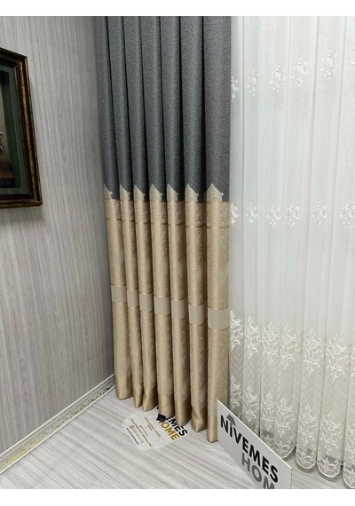 Lexroo Gönen Koyu Gri-krem 671539 1/3 Sık Pileli Fon Perde Apm