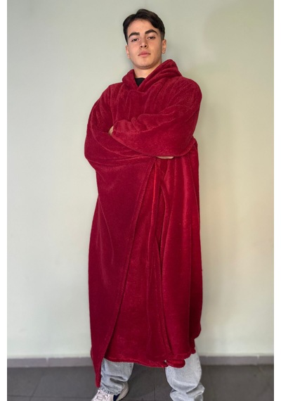 Giyilebilir Hoodie Battaniye Rahat Kalıp Tek Beden Kırmızı