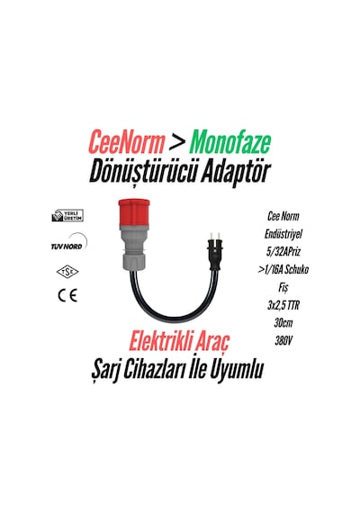 Bemis Elektrikli Araç Şarj Uyumlu Ceenorm Adaptör 5/32a Priz 1/16a Fiş 5/32a Priz 1/16a Fiş