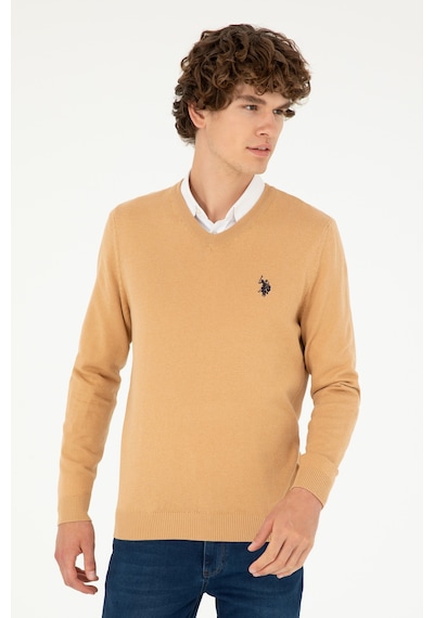 U.S. Polo Assn. Erkek Slim Fit V Yaka Camel Melanj Basic Kazak 50293512-VR122