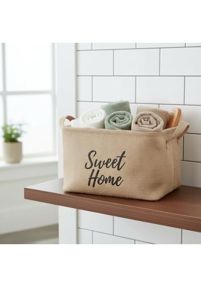 Sweet Home Dikdörtgen Jüt Düzenleyici Sepet 24x17x14 Cm Krem Renk Katlanabilir Kumaş Kulplu Organizer Ev, Mu Diğer