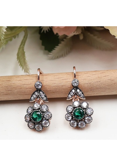 Yeşil Taşlı Papatya Model Set Rose Gold - Gümüş