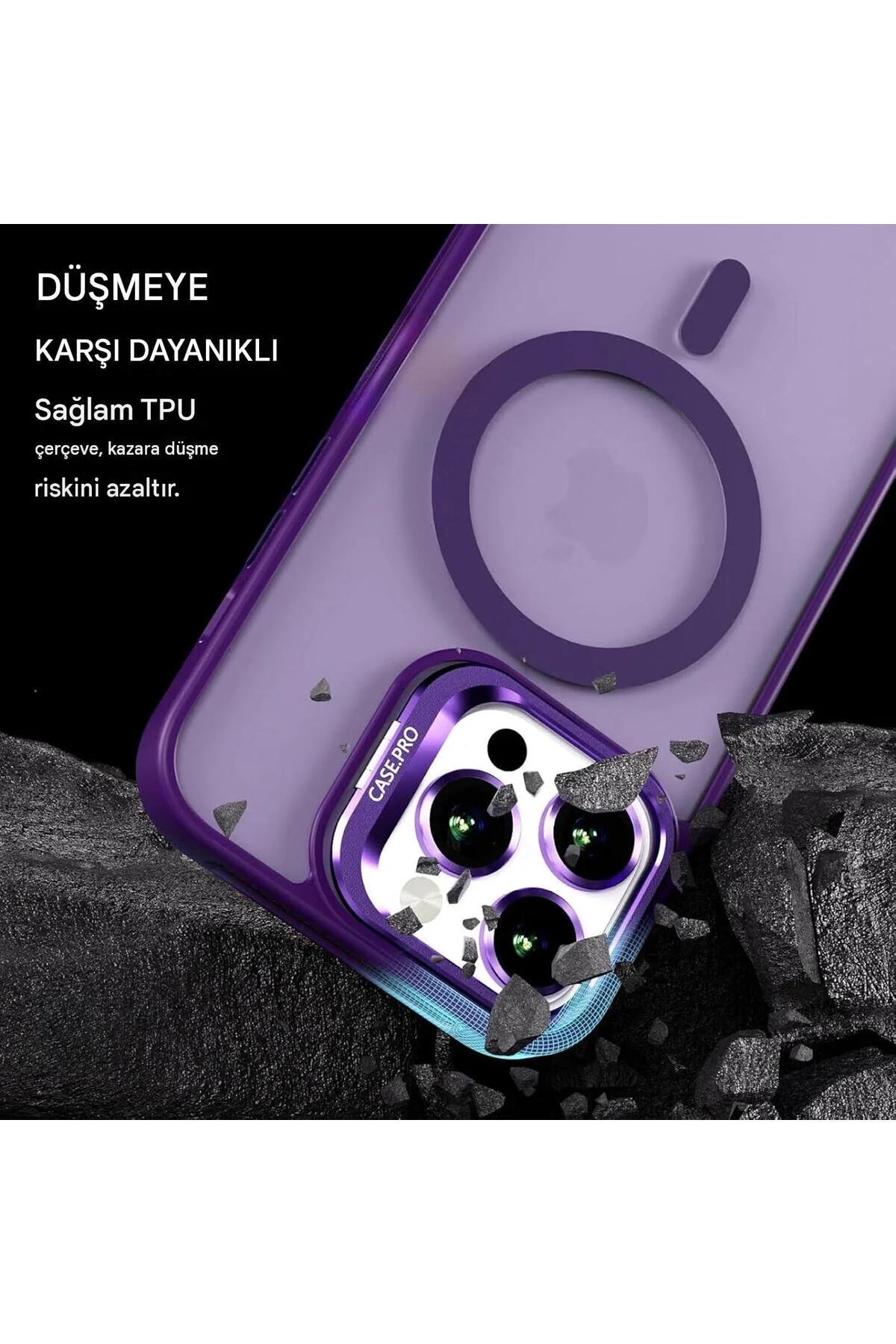 İphone 14 Pro Max Uyumlu Magsafe Kılıf Mıknatıslı Standlı Darbeye Dayanıklı Mat Şeffaf Arka Kapak Lens li mor