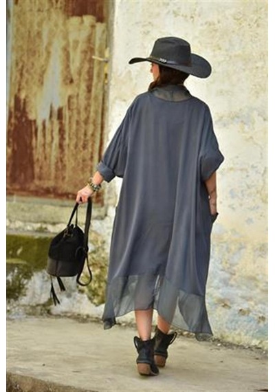 Bohem Stil Italyan Ipek Detaylı Oversize Kaftan & Bluz-8711 Antrasit