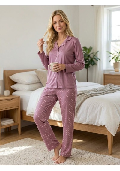 Kadın Boydan Düğmeli Likralı Yumuşak Tuşeli Kadife Pijama Takımı Açık Pudra