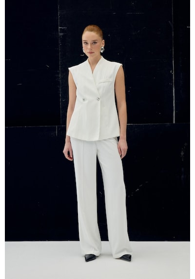 Sateen Anna Çizgili Pantolon - Ekru-137092 Ekru