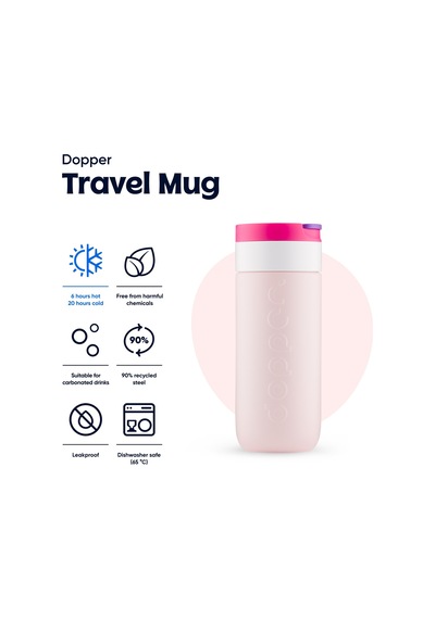 Dopper Travel Mug Yalıtımlı Termos Bardak 400 Ml - Çilek Pembesi Açık Pembe / Beyaz