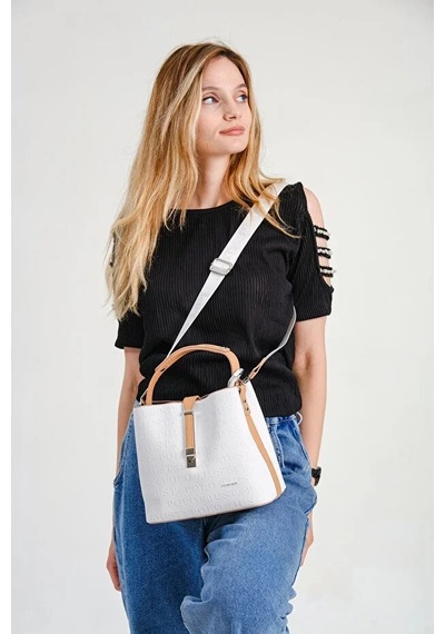 Just Polo Kadın Orta Boy Ayarlanabilir Askılı Şık El & Omuz Çantası Shoulder Bag Beyaz Taba