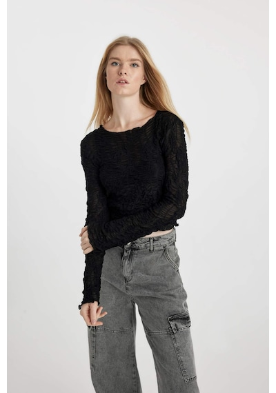 Defacto Coool Fitted Tül Uzun Kollu Tişört B3719AX23AUBK81 Siyah