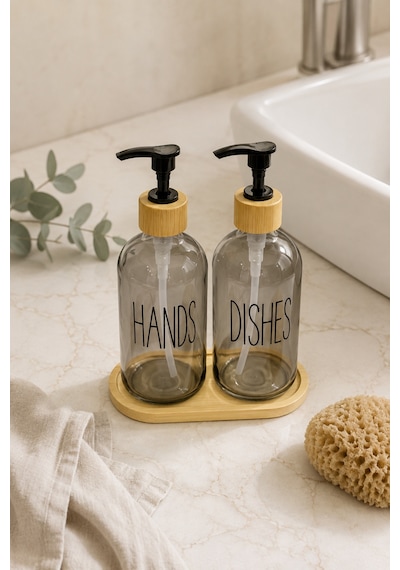 Relly Bambu Standlı İkili Cam Sabunluk Seti 2 X 500 Ml Hands & Dıshes Gri