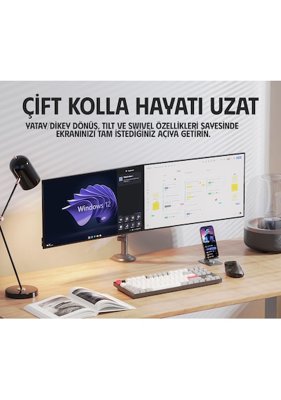 North Bayou Nb-h180 Çift Kollu Amortisörlü Monitör Standı 22"-32" / Kol Başı 12 Kg - 360 Hareketli Profesyonel Ağır Hizmet Masa Askı Aparatı