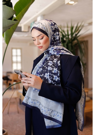 Mimiyum Lemon Flower Nayf İpek Şal - Lacivert