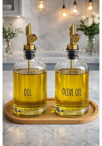 Qerhome Bambu Stantlı 2'li Gold Başlıklı Şeffaf Cam Yağdanlık Seti 500 Ml+500 Ml Oliva Glass Beyaz