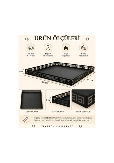 Metal Şömine & Soba Altlığı Siyah Antik Desenli Dekoratif Zemin Koruyucu 70x70 Cm - 836318778