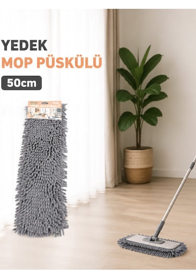 50 Cm Yedek Mop Püskülü Şönil Mikrofiber Makarna Mop Bezi Islak Kuru Kullanım Uyumlu Vıchy-7036