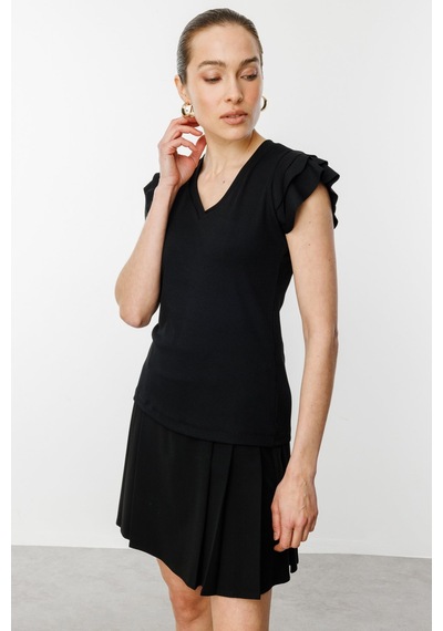 On Kadın Minimalist V Yaka Kısa Kol Bluz - Regular Fit Siyah