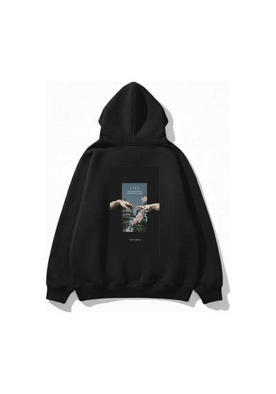 Uyguntarz Unisex Yumuşak Dokulu Live Baskılı Tasarım Oversize 3 İplik Hoodie Sweatshirt siyah