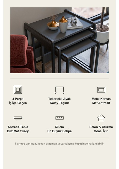Vela 3'lü Zigon Sehpa Metal Karkas, İç İçe Geçen Sehpa Seti Antrasit
